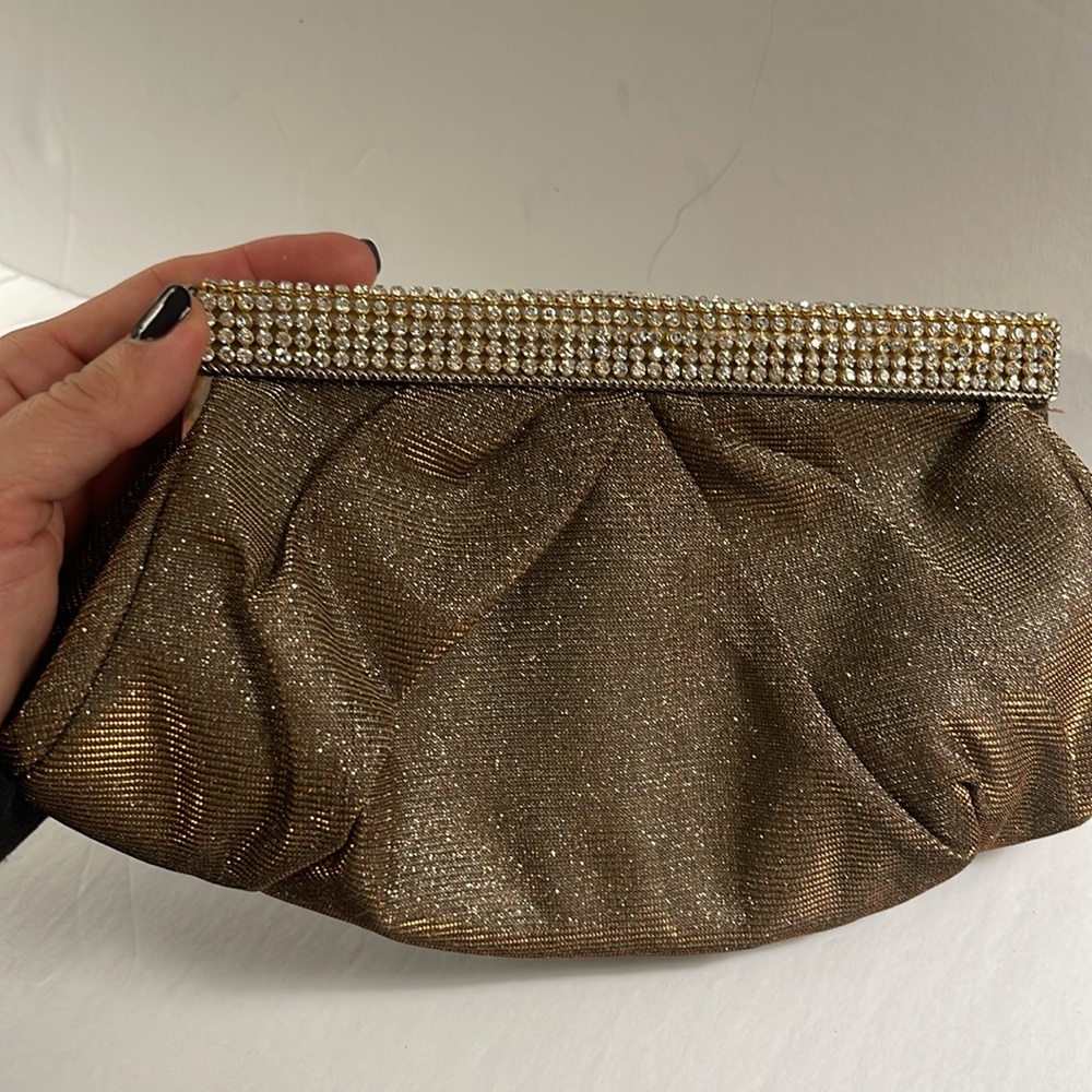 Mon Cheri Brown and Gold Pleated Clutch / Purse with Rhinestone Closure - Picture 11 of 16